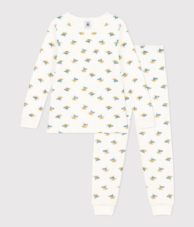 Pijama de rizo cepillado con flor para ni&ntilde;a blanco/multicolor