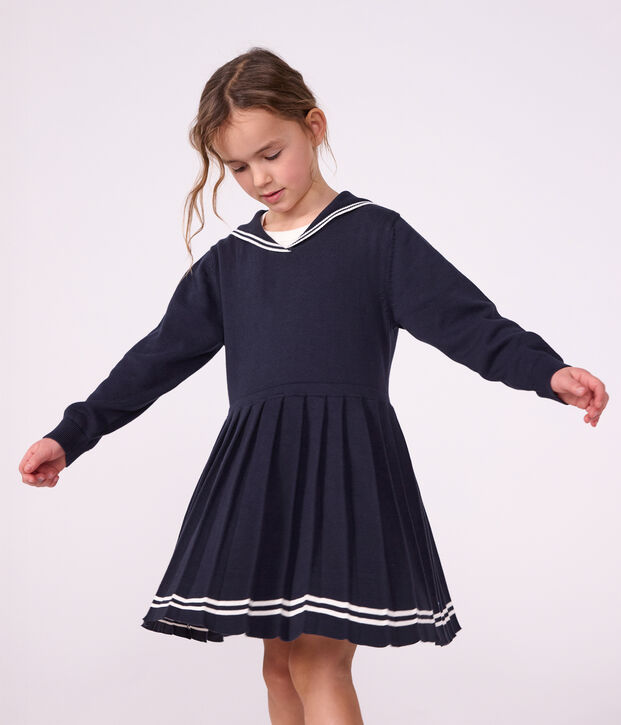 Vestido infantil liso de manga larga de algod&oacute;n SMOKING