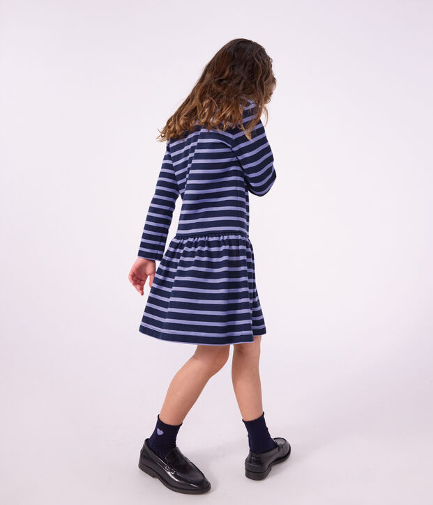 Vestido infantil de algod&oacute;n de manga larga a rayas azul/violeta