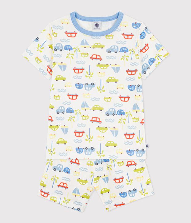 Pijama corto infantil de algod&oacute;n con estampado de coches blanco/multicolor