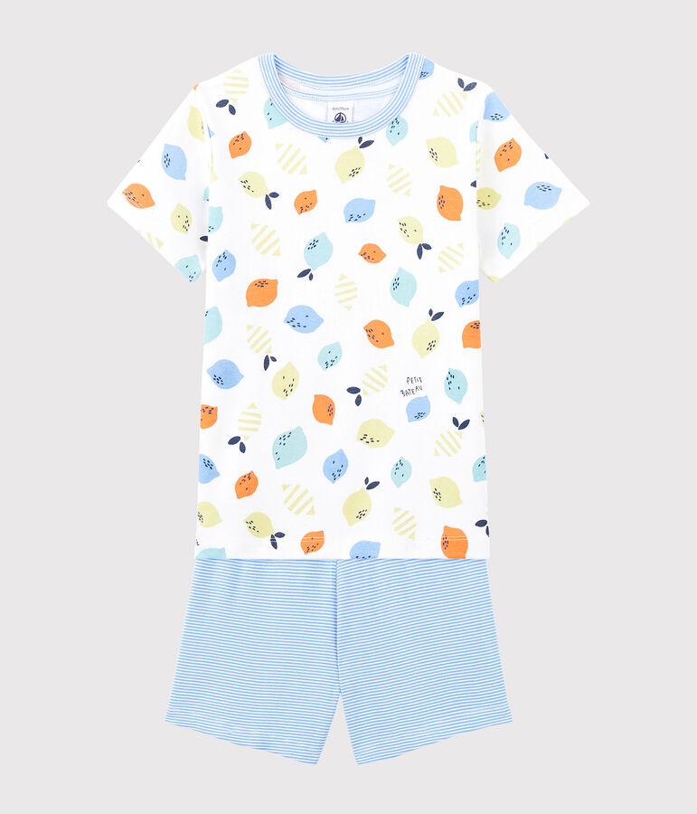 Pijama corto con estampado de limones de algod&oacute;n ecol&oacute;gico de ni&ntilde;o blanco MARSHMALLOW/blanco MULTICO