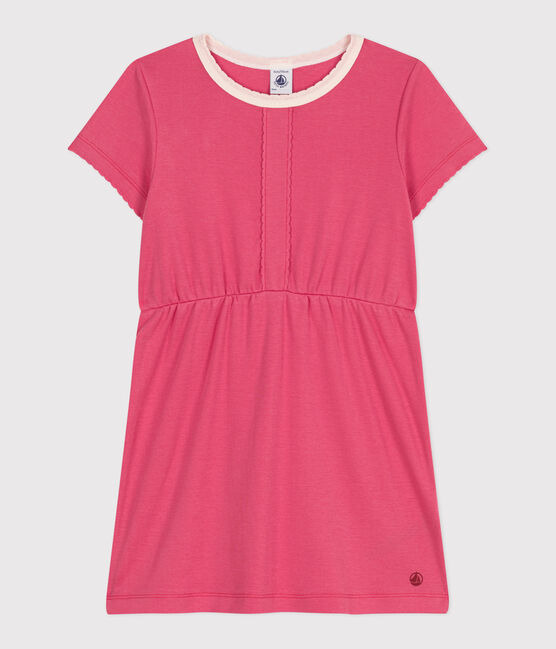 Vestido infantil liso de algodón de manga corta rosa PEONIA