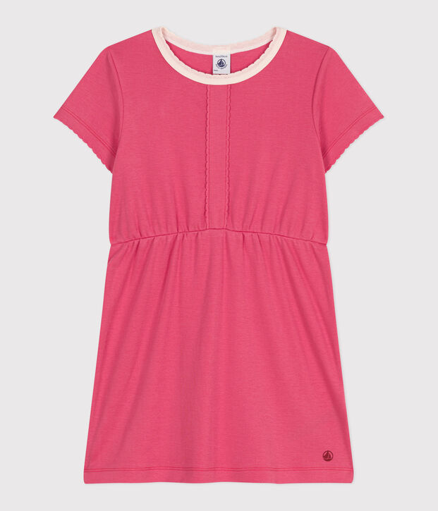 Vestido infantil liso de algod&oacute;n de manga corta rosa