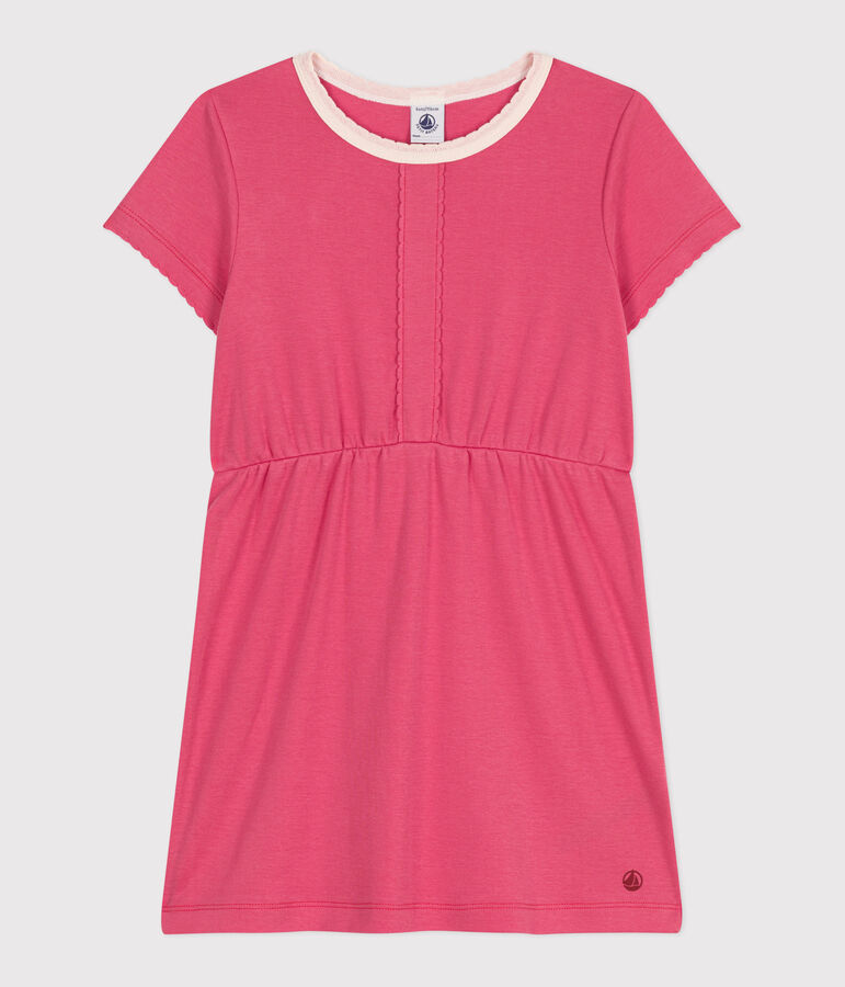 Vestido infantil liso de algod&oacute;n de manga corta rosa PEONIA