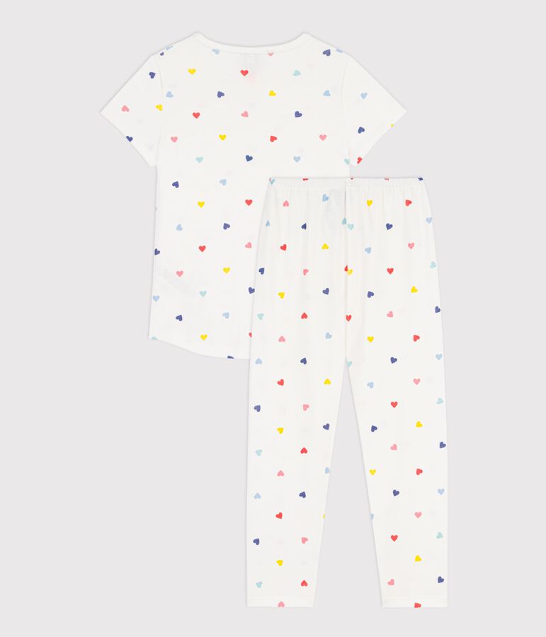 Pijama infantil de algod&oacute;n de manga corta y pierna larga con corazones blanco MARSHMALLOW/blanco MULTICO