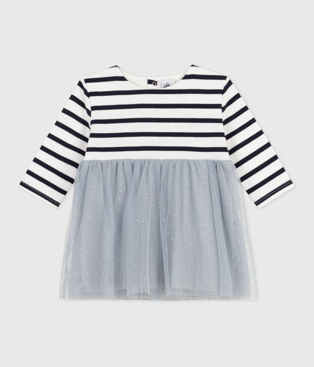Vestido de dos materiales de manga larga para beb&eacute; azul/multicolor
