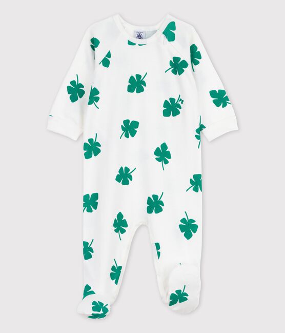 Pelele de bebé con estampado vegetal de algodón orgánico blanco MARSHMALLOW/verde GAZON