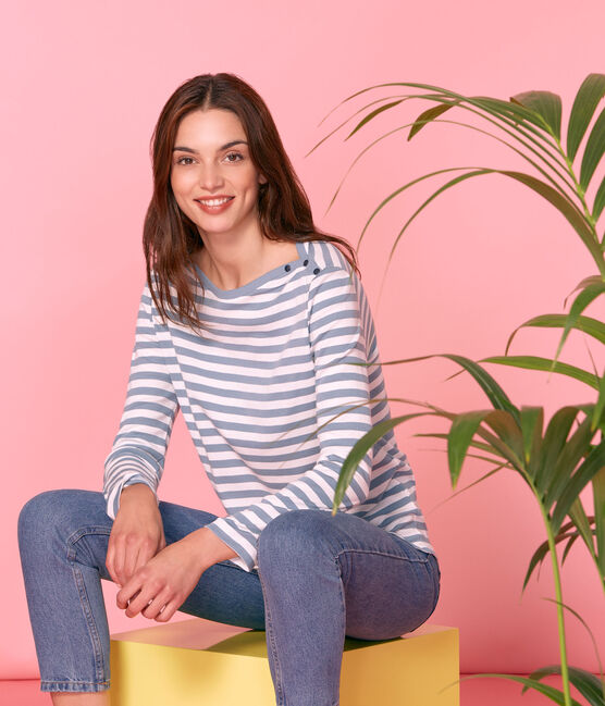 Camiseta manga larga para mujer azul FONTAINE/blanco MARSHMALLOW