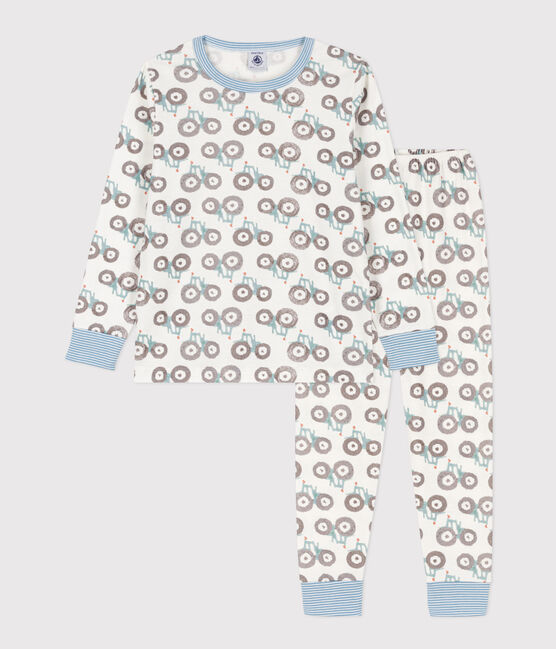 Pijama de algodón con tractor para niño/niña blanco MARSHMALLOW/blanco MULTICO