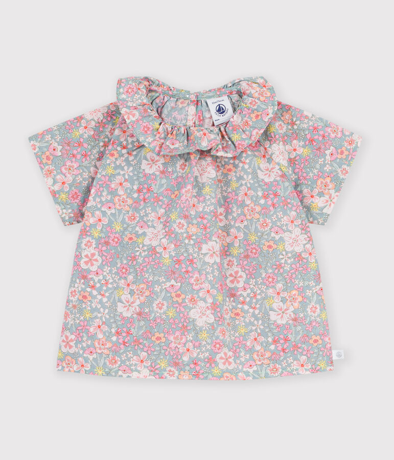 Blusa de algod&oacute;n de manga corta con estampado de flores para beb&eacute; azul/multicolor