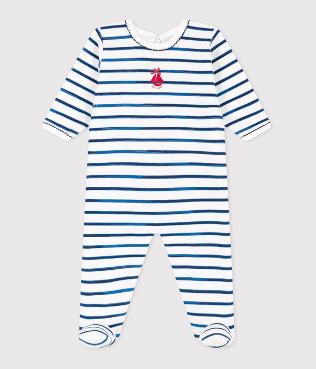 Pijama de terciopelo a rayas con abertura trasera para beb&eacute; blanco/azul