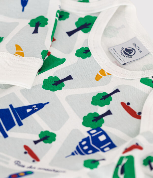 Pijama sin pies de algod&oacute;n con estampado de Par&iacute;s para beb&eacute; blanco/azul