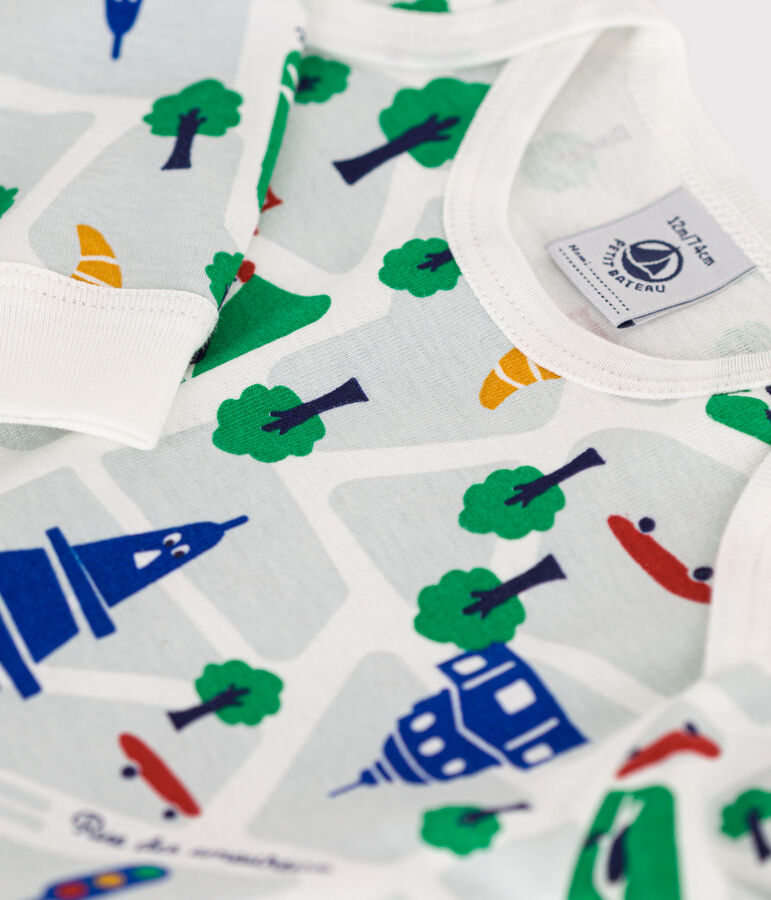 Pijama sin pies de algod&oacute;n con estampado de Par&iacute;s para beb&eacute; blanco MARSHMALLOW/azul MEDIEVAL