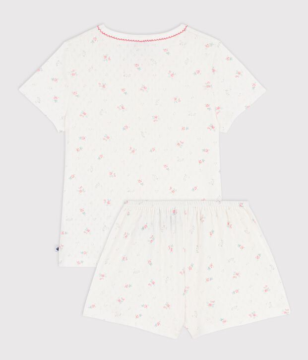 Pijama corto infantil de algod&oacute;n calado con estampado de flores blanco/multicolor