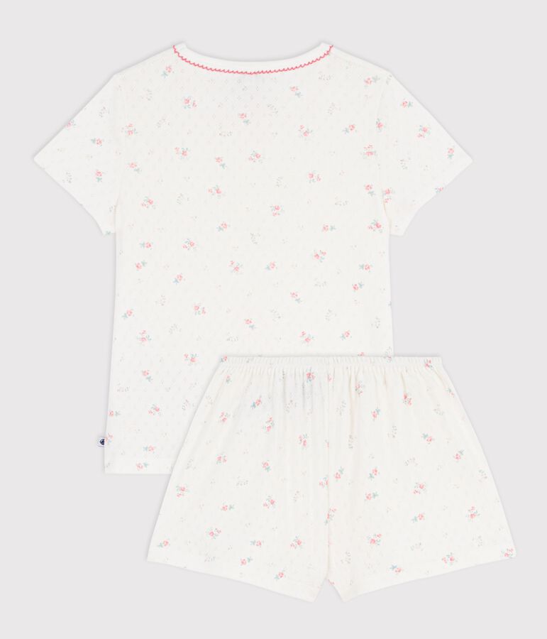 Pijama corto infantil de algod&oacute;n calado con estampado de flores blanco/multicolor