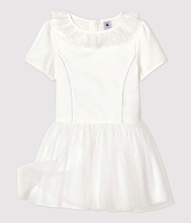 Vestido de celebraci&oacute;n de sat&eacute;n y tul de ni&ntilde;a blanco