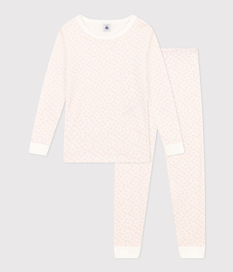 Pijama infantil ajustado de algod&oacute;n con estampado de flores blanco/rosa