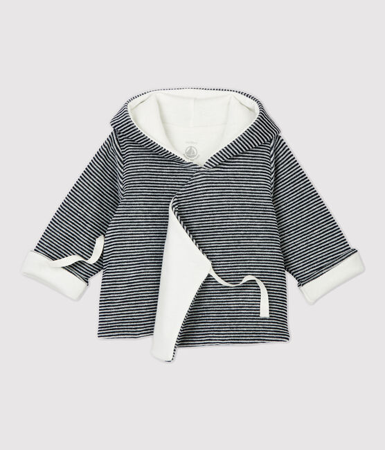 Chaqueta a rayas con capucha de bebé de terciopelo de algodón orgánico blanco MARSHMALLOW/azul SMOKING