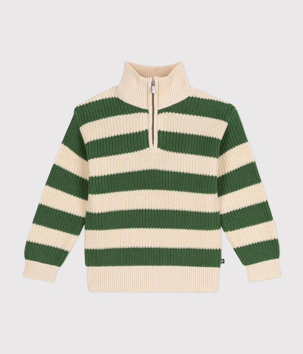 Jersey de algod&oacute;n con cremallera en el cuello para ni&ntilde;o verde/crudo
