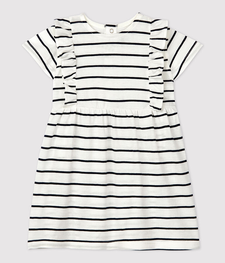 Vestido de manga corta a rayas de jersey de beb&eacute; blanco MARSHMALLOW/azul SMOKING