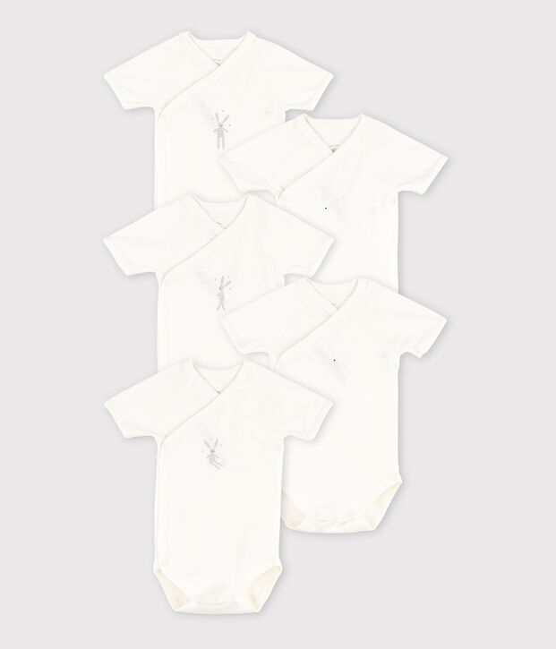 Juego de 5 bodis cruzados blancos de manga corta de beb&eacute; de algod&oacute;n org&aacute;nico multicolor