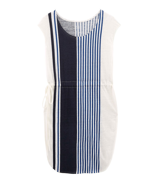 Vestido manga corta de lino para mujer blanco/multicolor