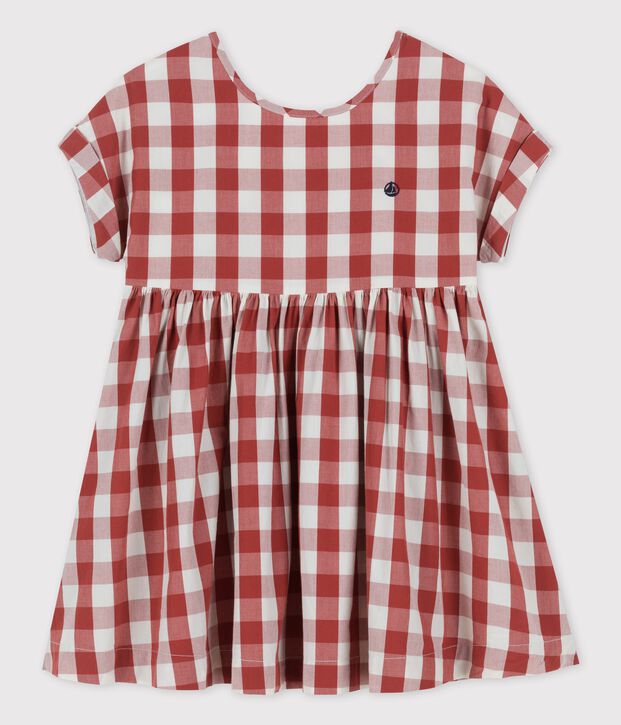Vestido de popelina de manga corta para ni&ntilde;a marron/crudo