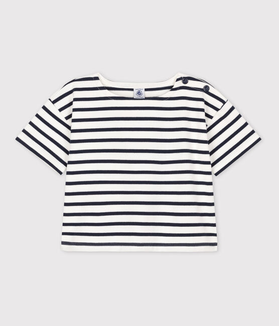 Camiseta de manga corta de algodón a rayas para niña blanco MARSHMALLOW/azul SMOKING