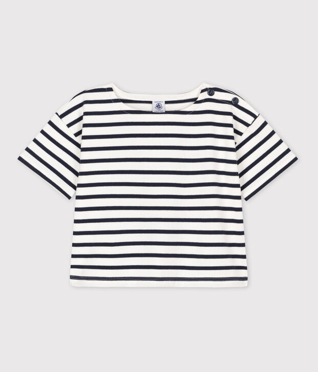 Camiseta de manga corta de algod&oacute;n a rayas para ni&ntilde;a blanco/azul