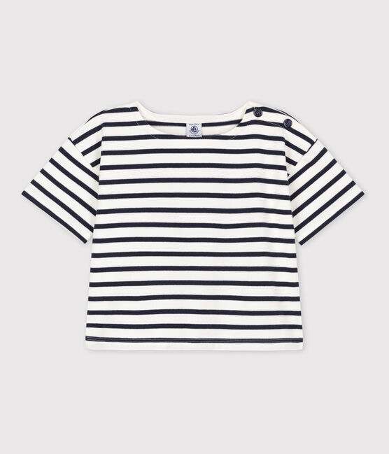 Camiseta a rayas de manga corta de algodón de niña blanco MARSHMALLOW/azul SMOKING