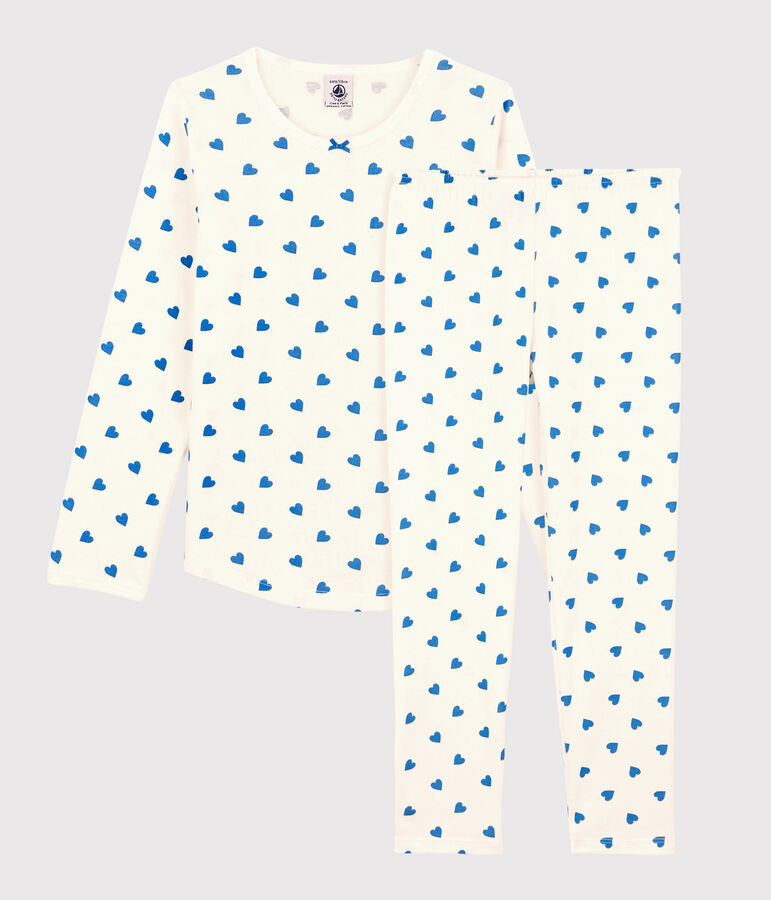 Pijama con corazones azules de algod&oacute;n de ni&ntilde;a blanco MARSHMALLOW/azul BRASIER