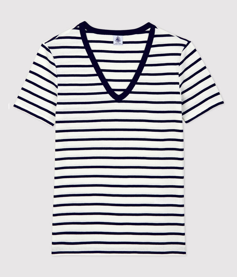 Camiseta LA ICONICA de algod&oacute;n con cuello de pico para mujer blanco/azul