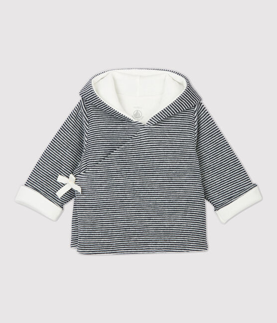 Chaqueta a rayas con capucha de bebé de terciopelo de algodón orgánico blanco MARSHMALLOW/azul SMOKING