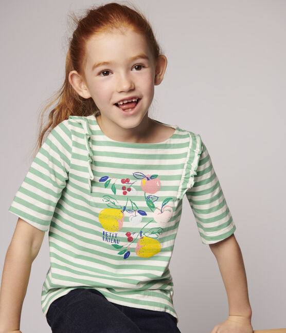 Camiseta de manga corta de punto de niña verde ALOEVERA/blanco MARSHMALLOW