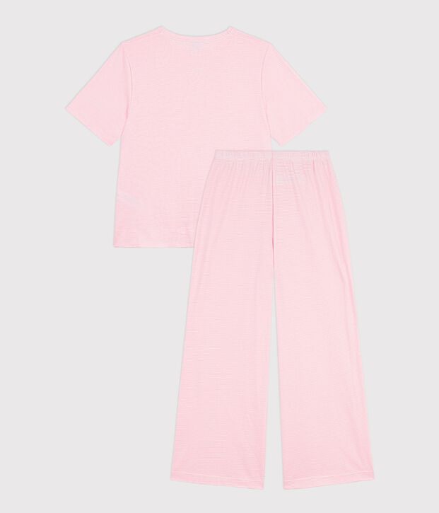 Pijama de algod&oacute;n a rayas de pernera ancha para mujer rosa/blanco