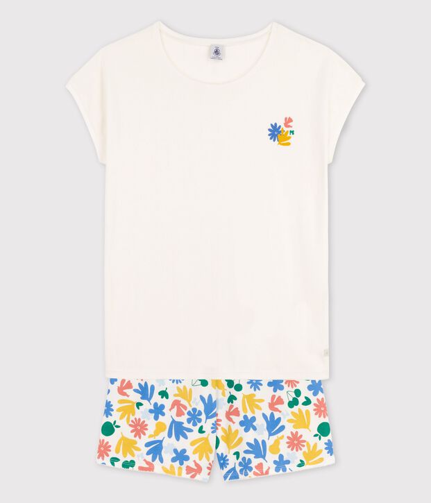 Pijama corto de algod&oacute;n para chica blanco/multicolor