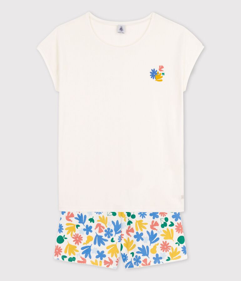 Pijama corto de algod&oacute;n para chica blanco MARSHMALLOW/blanco MULTICO