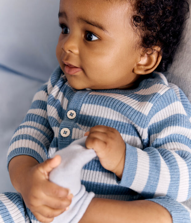 Pelele tricotado de lana y algod&oacute;n a rayas para beb&eacute; azul/azul