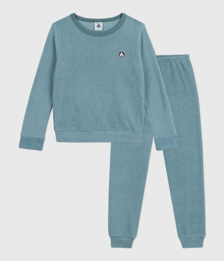 Pijama infantil liso de rizo de algod&oacute;n azul