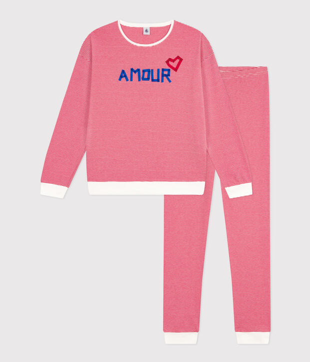 Pijama de algod&oacute;n a rayas para mujer rojo/blanco