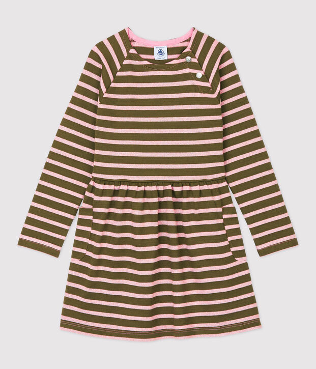 Vestido de manga larga de algod&oacute;n de ni&ntilde;a verde/CHARME BRILLANT