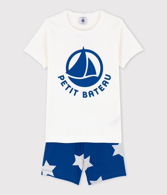 Pijama corto de algodón con el logotipo de Petit Bateau de niño blanco MARSHMALLOW/azul MAJOR
