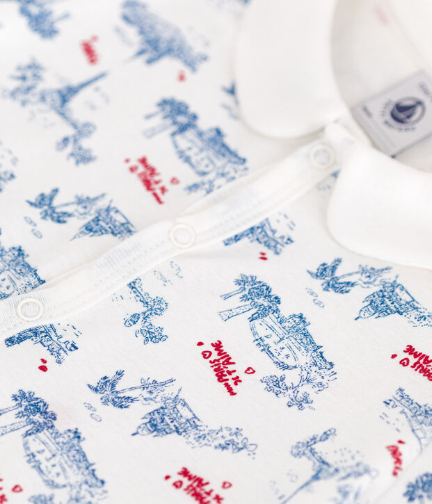 Mono corto de algod&oacute;n con cuello y estampado de Par&iacute;s para beb&eacute; blanco/multicolor