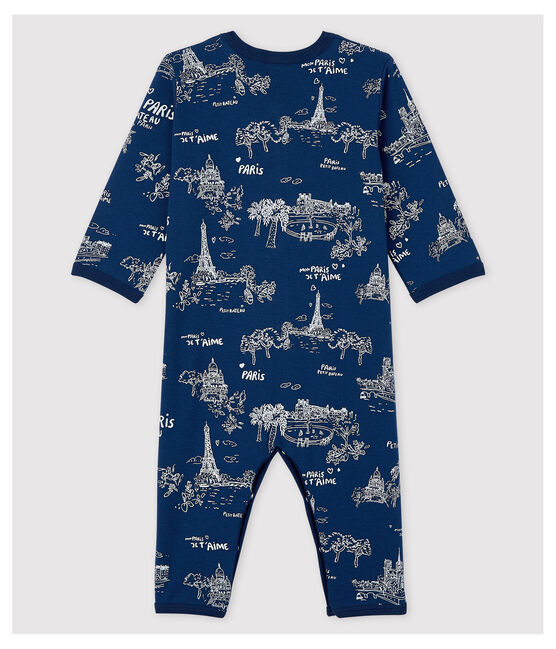 Pijama enterizo sin pies en tela de Jouy de bebé de algodón azul MEDIEVAL/blanco ECUME