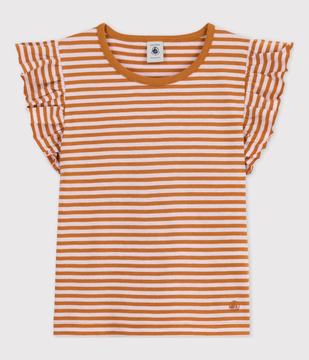 Camiseta de algod&oacute;n a rayas para ni&ntilde;a marron/rosa