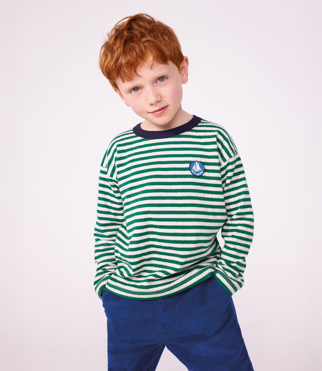 Camiseta infantil de manga larga a rayas verde/beige/verde