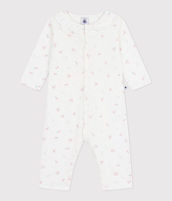Pijama sin pies de algodón calado con cuello estampado de flores para bebé blanco MARSHMALLOW/blanco MULTICO