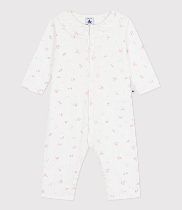 Pijama sin pies de algod&oacute;n calado con cuello estampado de flores para beb&eacute; blanco/multicolor