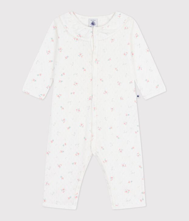 Pijama sin pies de algod&oacute;n calado con cuello estampado de flores para beb&eacute; blanco/multicolor