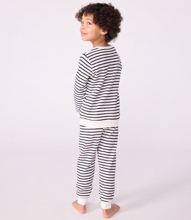 Pijama infantil de rizo de algod&oacute;n a rayas azul/azul